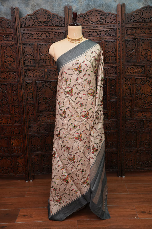 Semi Raw Silk Saree with Embroidered Body & Temple Border – Beige & Charcoal Grey