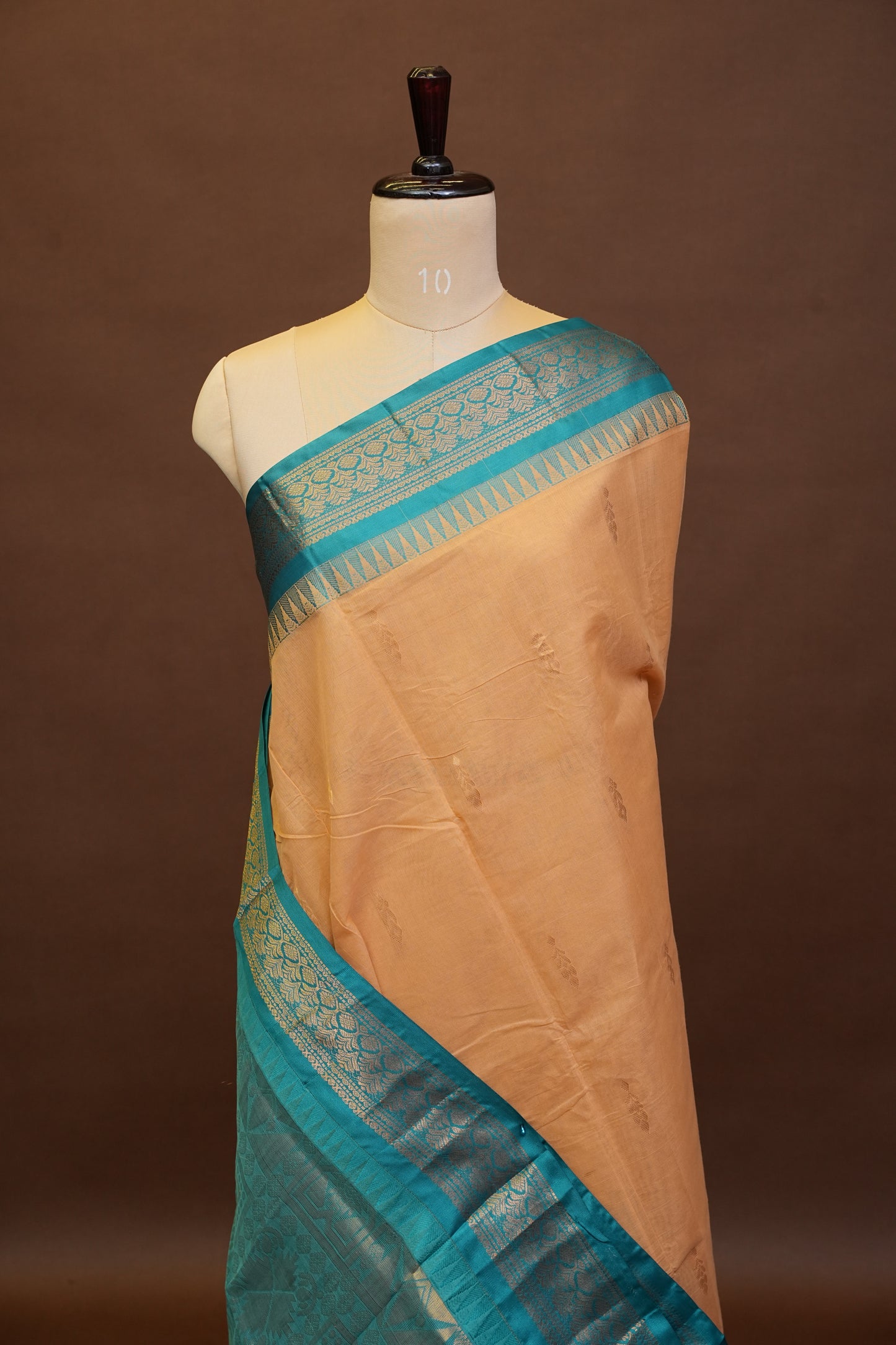 Gadwal Cotton Saree - Beige & Turquoise