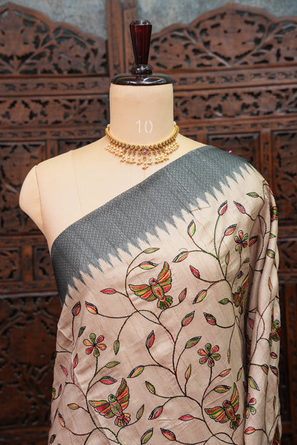 Semi Raw Silk Saree with Embroidered Body & Temple Border – Beige & Charcoal Grey