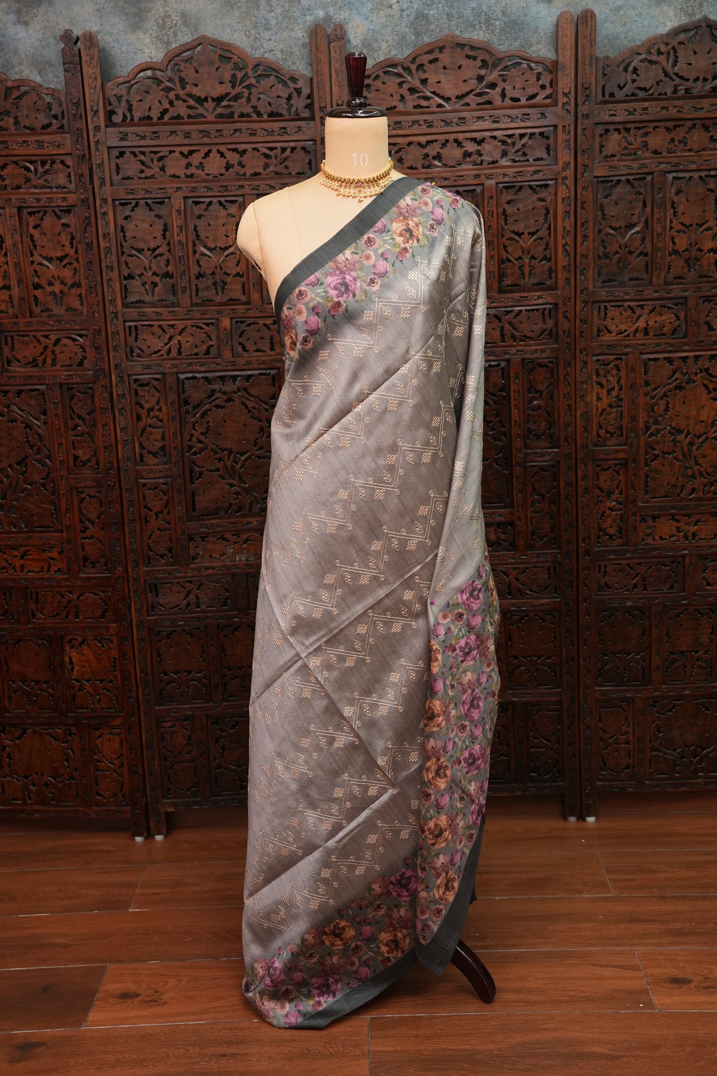 Semi Raw Silk Saree with Embroidered Body & Floral Borders – Charcoal Grey