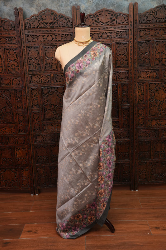 Semi Raw Silk Saree with Embroidered Body & Floral Borders – Charcoal Grey