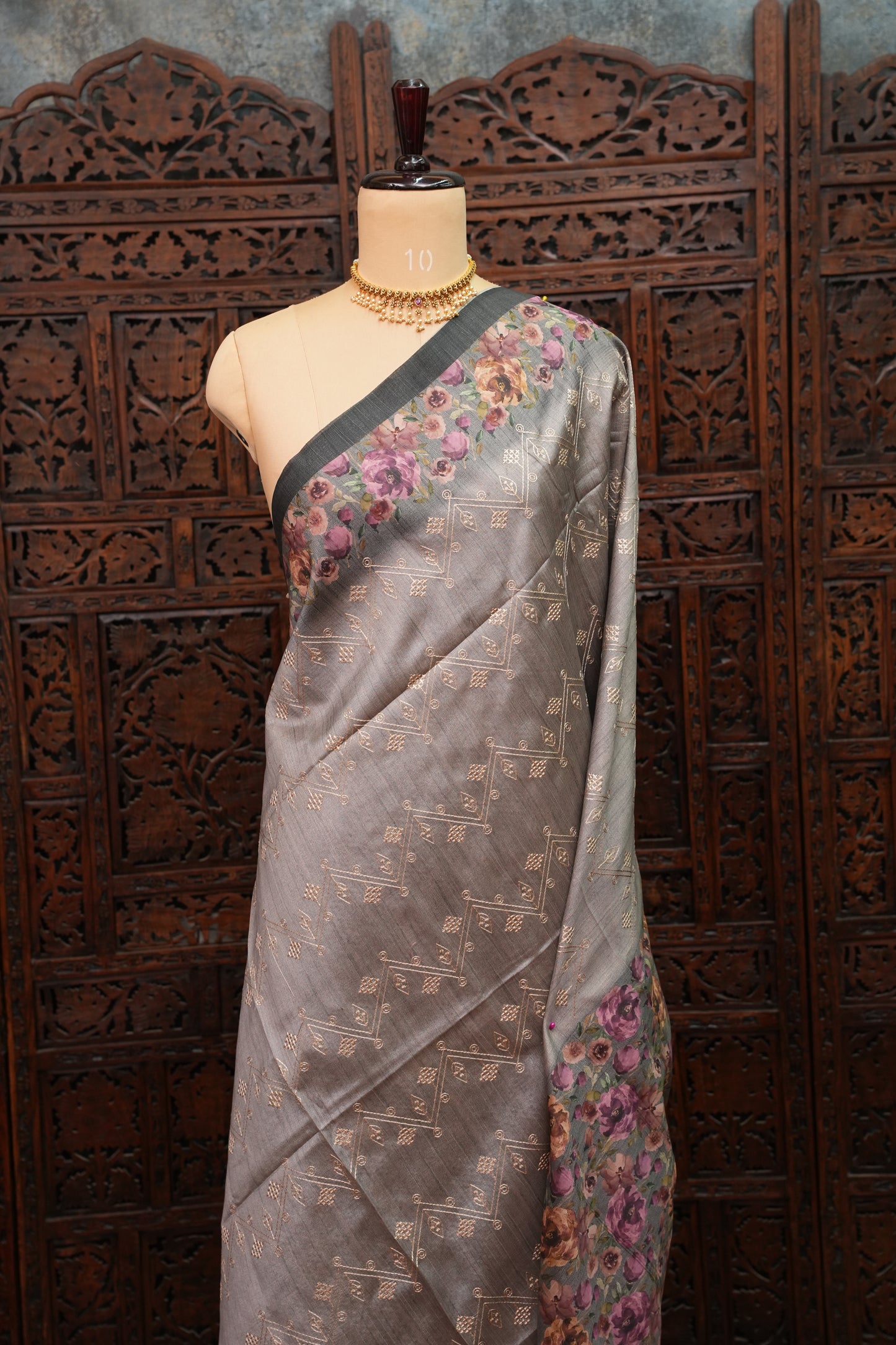 Semi Raw Silk Saree with Embroidered Body & Floral Borders – Charcoal Grey