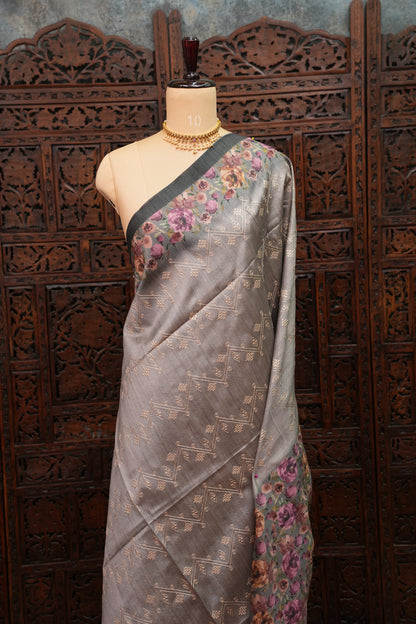 Semi Raw Silk Saree with Embroidered Body & Floral Borders – Charcoal Grey