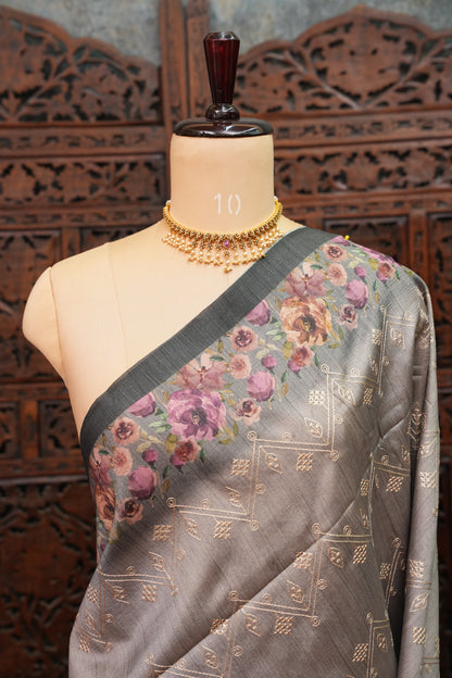 Semi Raw Silk Saree with Embroidered Body & Floral Borders – Charcoal Grey