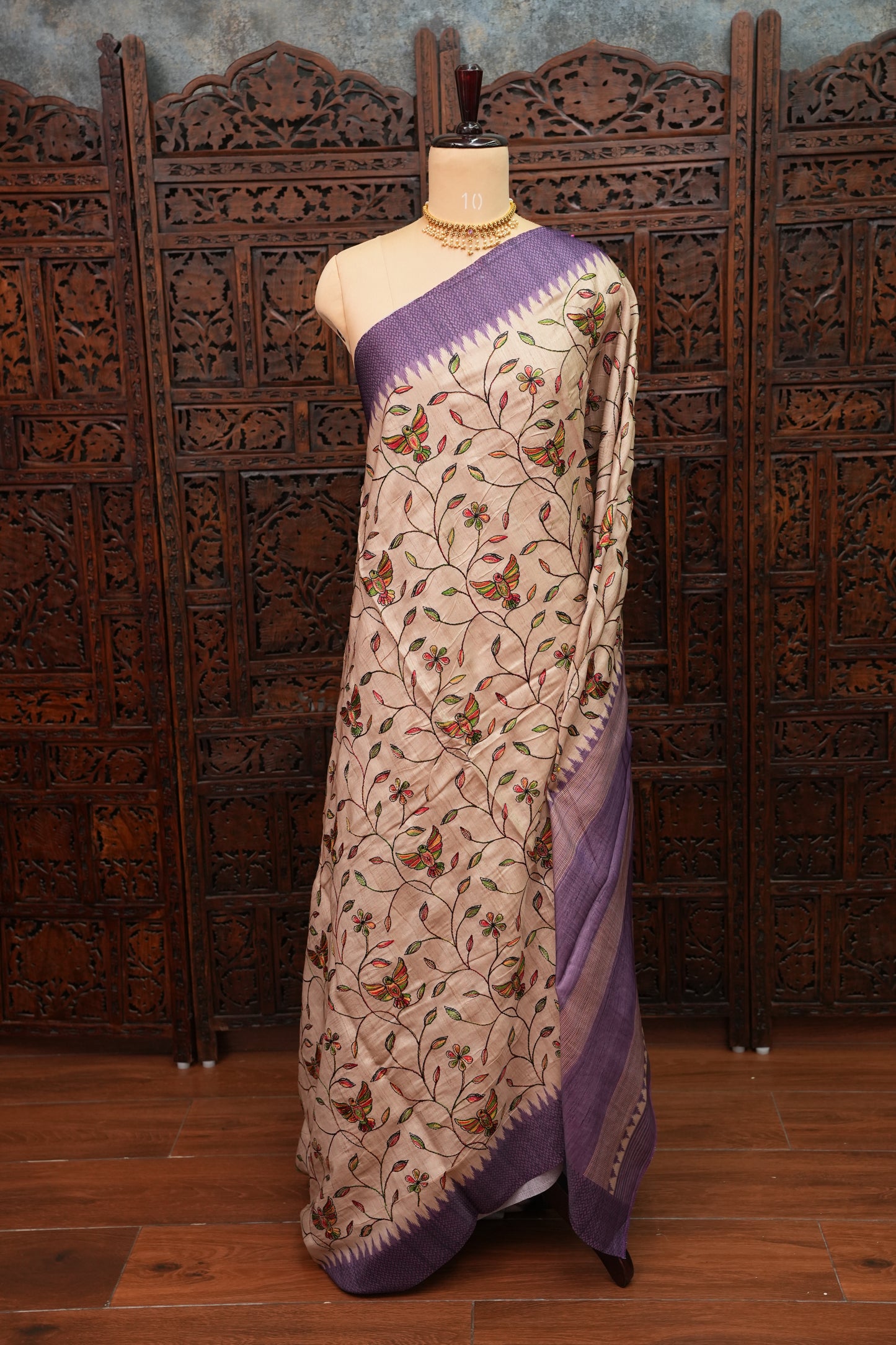 Semi Raw Silk Saree with Embroidered Body & Temple Borders – Beige & Lavender Purple