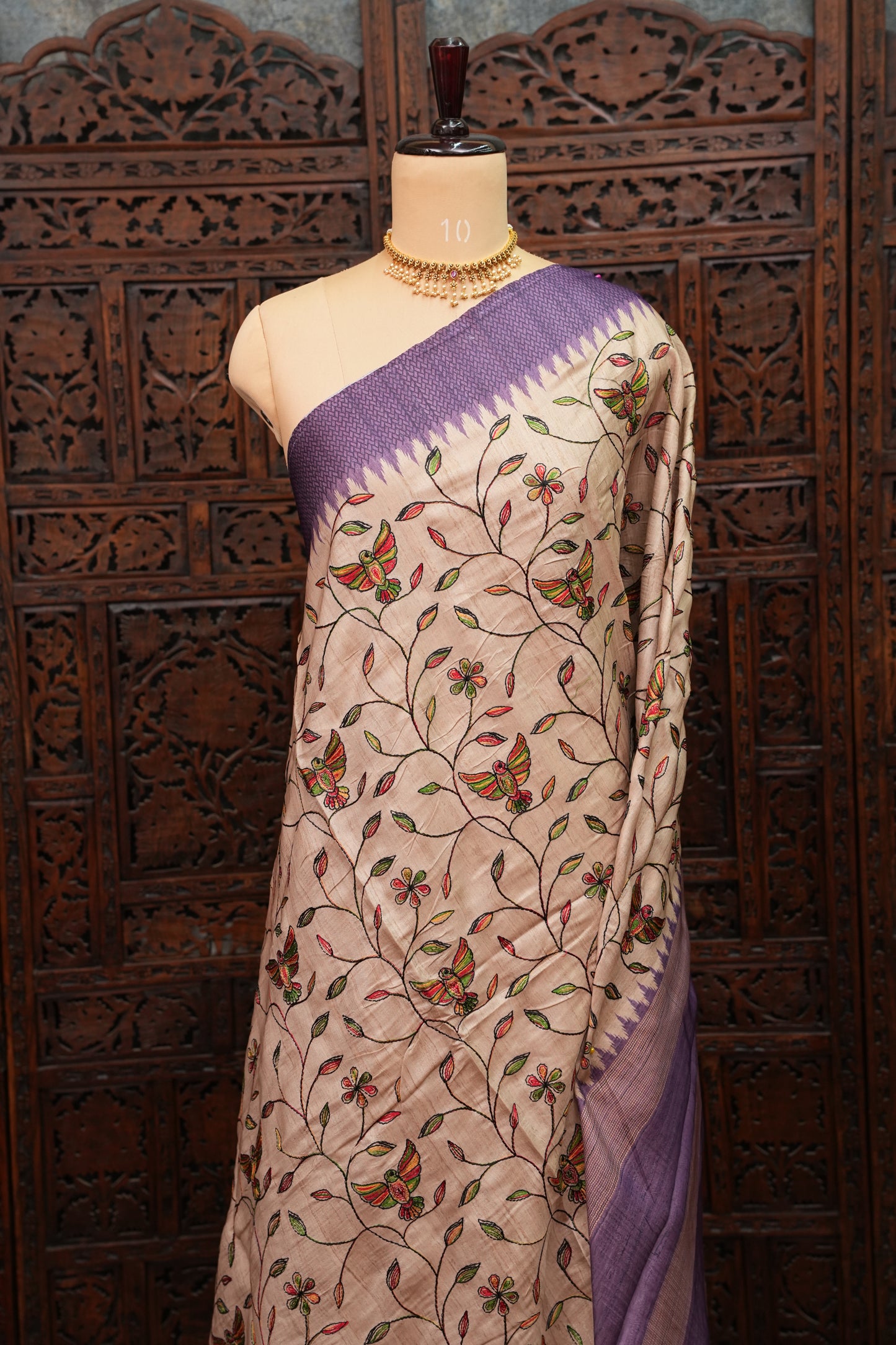 Semi Raw Silk Saree with Embroidered Body & Temple Borders – Beige & Lavender Purple