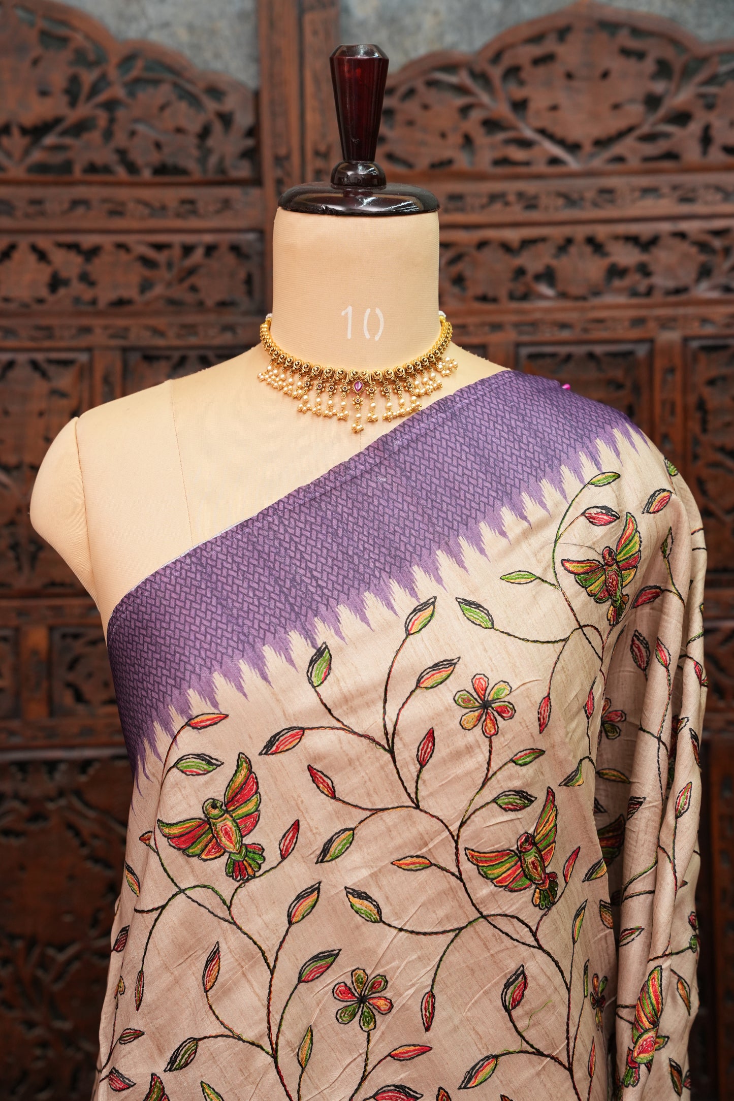 Semi Raw Silk Saree with Embroidered Body & Temple Borders – Beige & Lavender Purple
