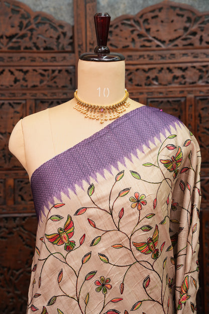 Semi Raw Silk Saree with Embroidered Body & Temple Borders – Beige & Lavender Purple