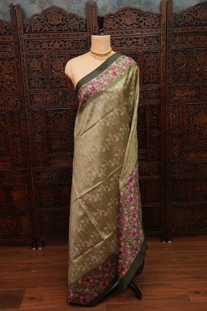 Semi Raw Silk Saree with Embroidered Body & Floral Borders – Olive Green