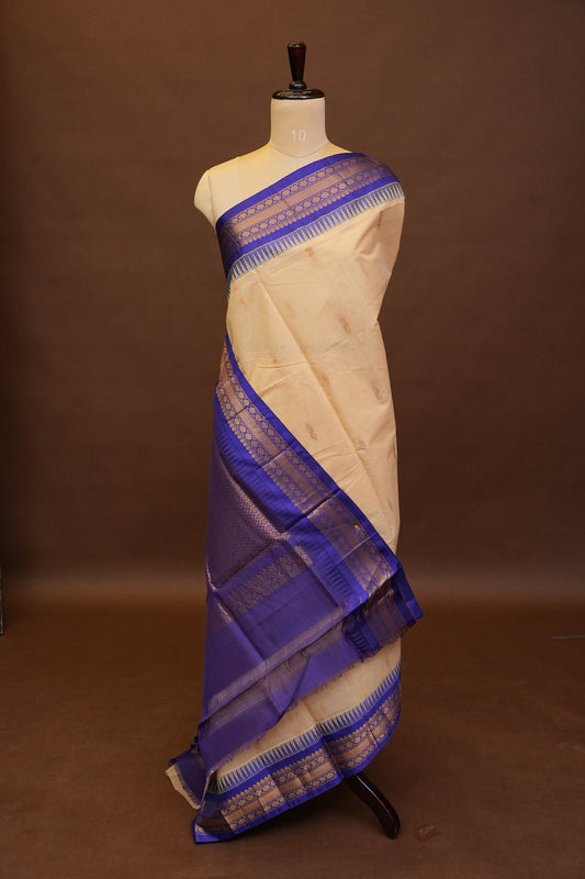 Gadwal Cotton Saree - Beige & Royal Blue