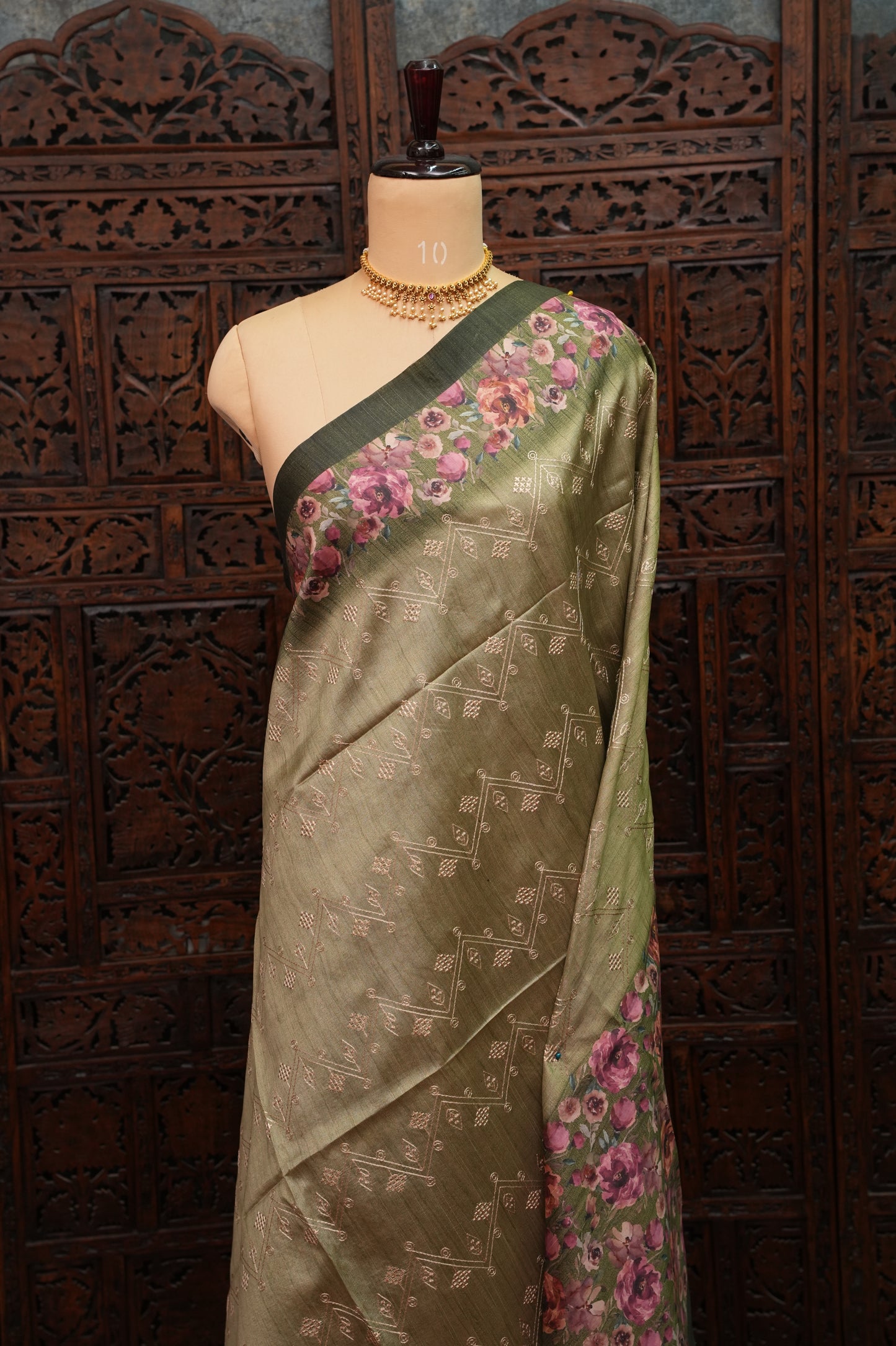 Semi Raw Silk Saree with Embroidered Body & Floral Borders – Olive Green