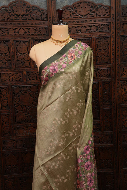 Semi Raw Silk Saree with Embroidered Body & Floral Borders – Olive Green
