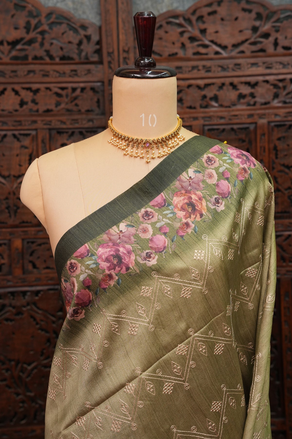 Semi Raw Silk Saree with Embroidered Body & Floral Borders – Olive Green