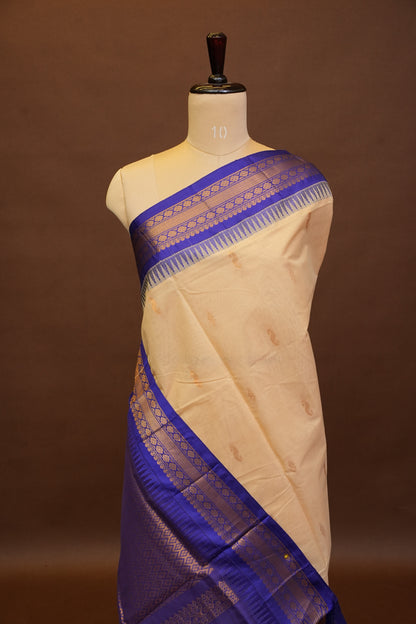 Gadwal Cotton Saree - Beige & Royal Blue