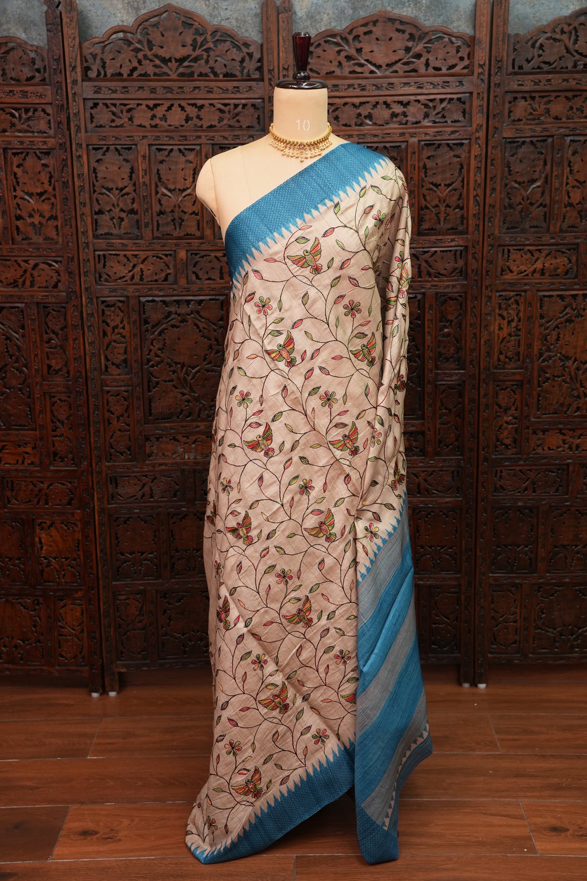 Semi Raw Silk Saree with Embroidered Body & Temple Borders – Beige & Teal Blue