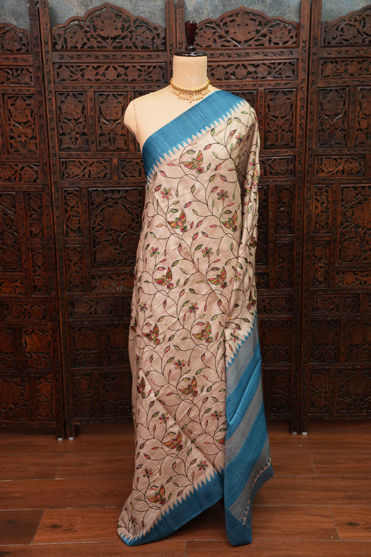 Semi Raw Silk Saree with Embroidered Body & Temple Borders – Beige & Teal Blue