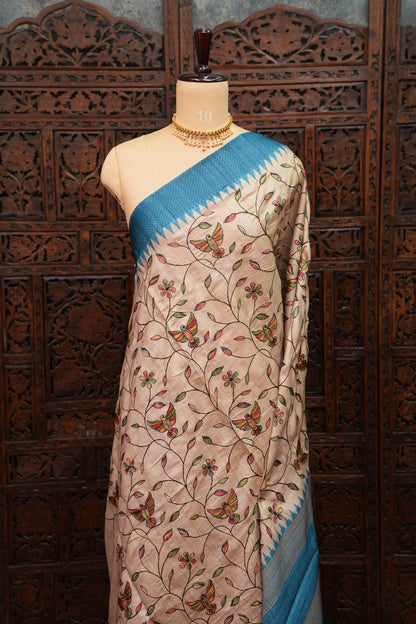 Semi Raw Silk Saree with Embroidered Body & Temple Borders – Beige & Teal Blue