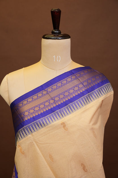 Gadwal Cotton Saree - Beige & Royal Blue