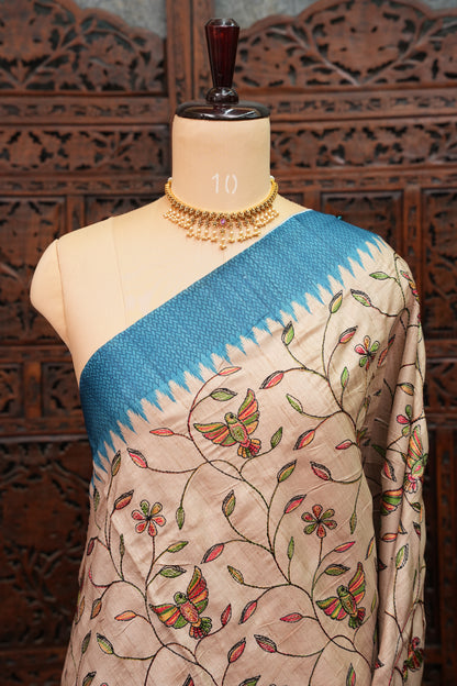 Semi Raw Silk Saree with Embroidered Body & Temple Borders – Beige & Teal Blue