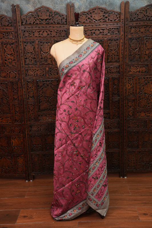 Semi Raw Silk Saree with Embroidered Body & Patola Styled Borders – Dusty Rose