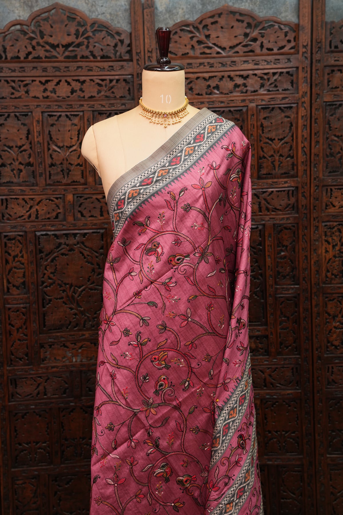 Semi Raw Silk Saree with Embroidered Body & Patola Styled Borders – Dusty Rose