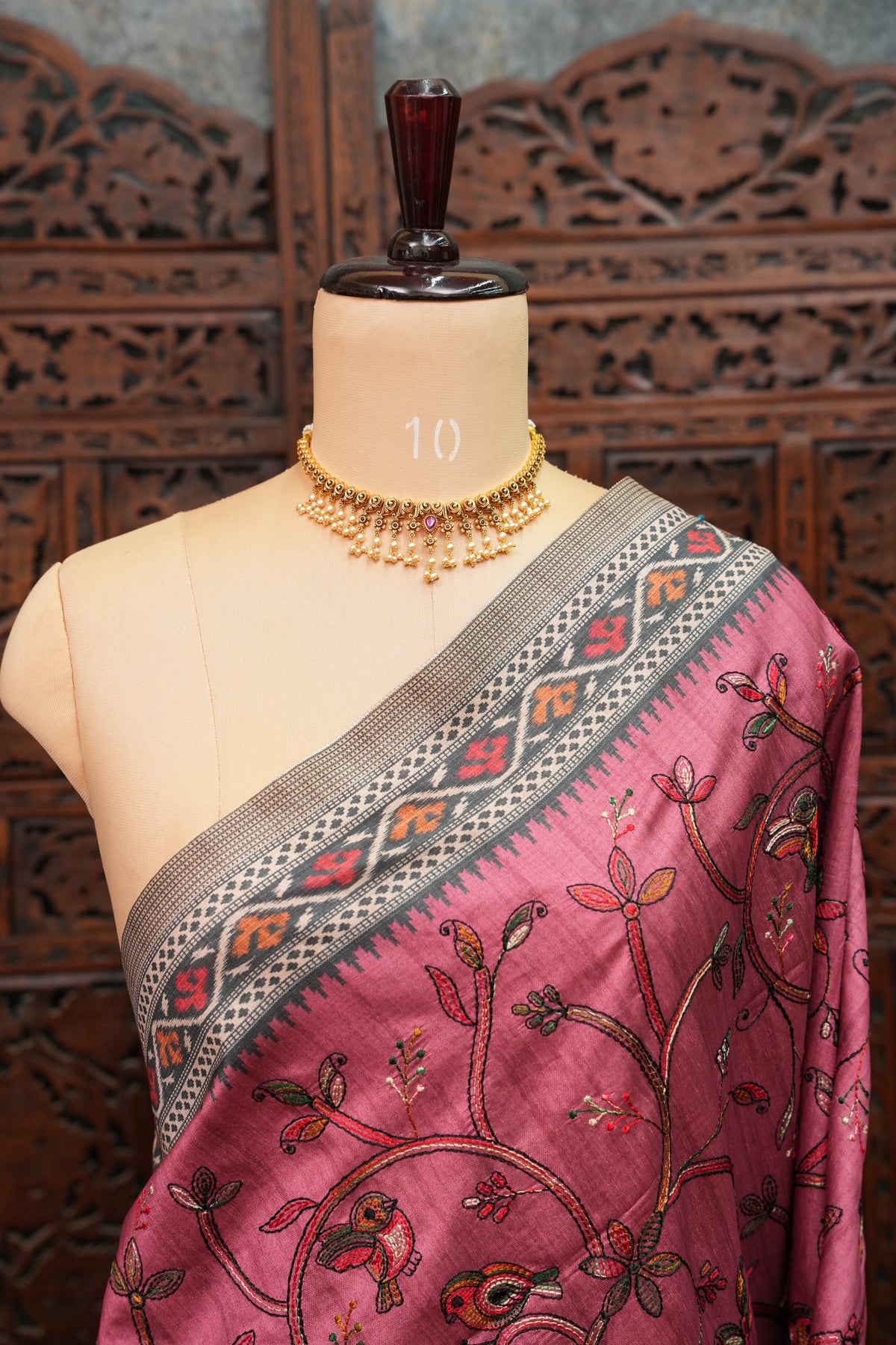 Semi Raw Silk Saree with Embroidered Body & Patola Styled Borders – Dusty Rose