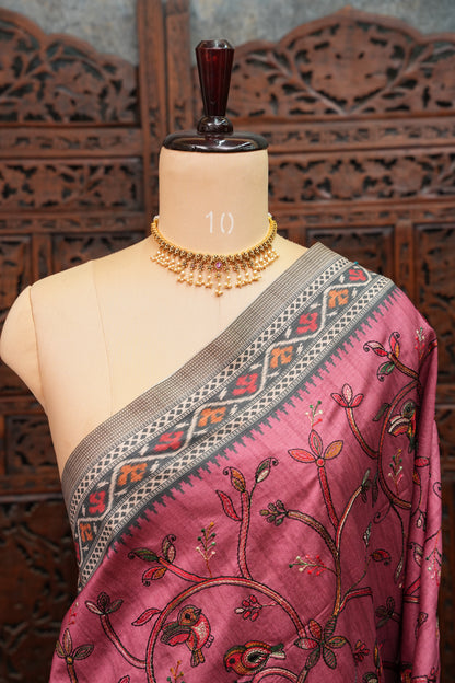 Semi Raw Silk Saree with Embroidered Body & Patola Styled Borders – Dusty Rose