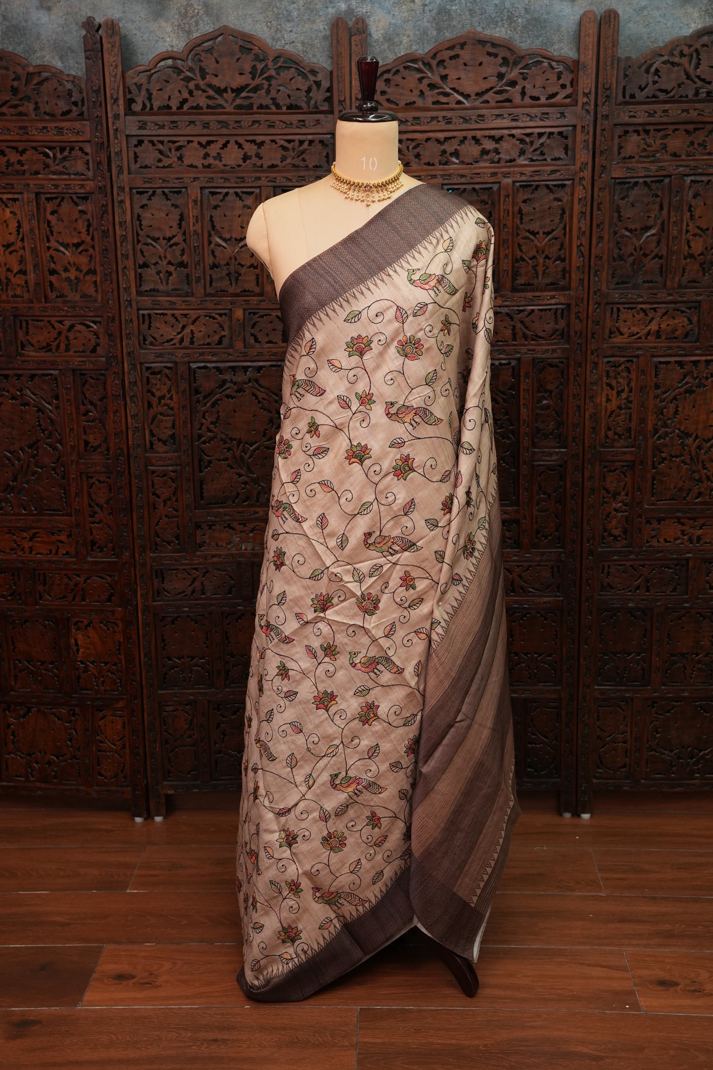 Semi Raw Silk Saree with Embroidered Body & Temple Borders – Beige & Coffee Brown