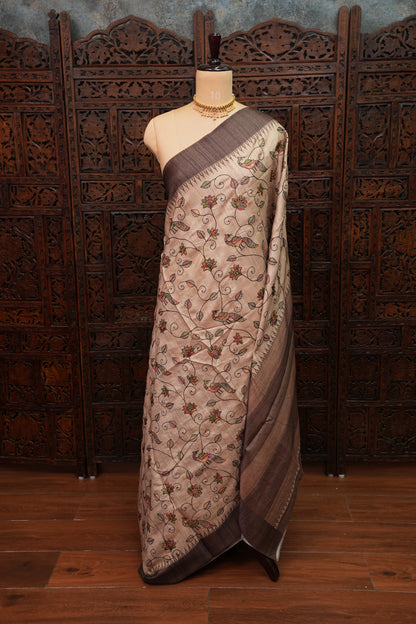 Semi Raw Silk Saree with Embroidered Body & Temple Borders – Beige & Coffee Brown