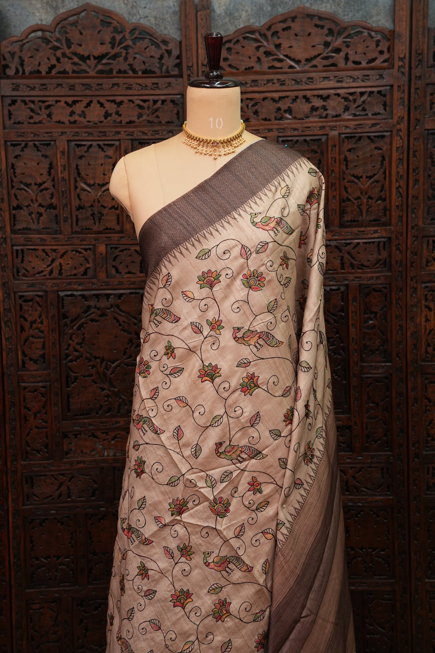 Semi Raw Silk Saree with Embroidered Body & Temple Borders – Beige & Coffee Brown