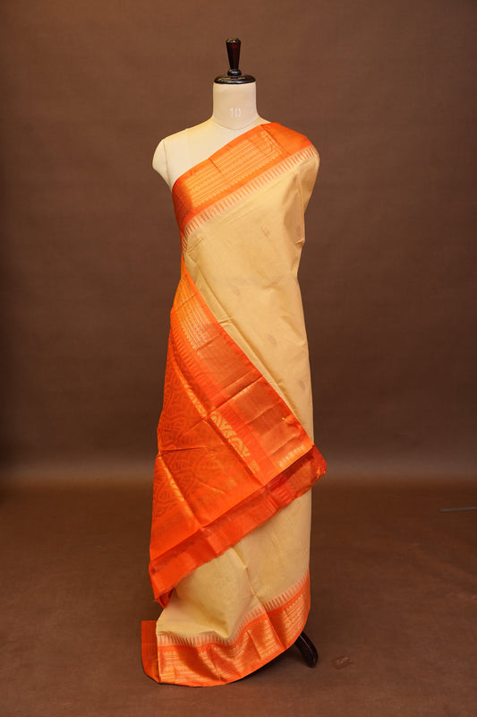 Gadwal Cotton Saree - Beige & Orange