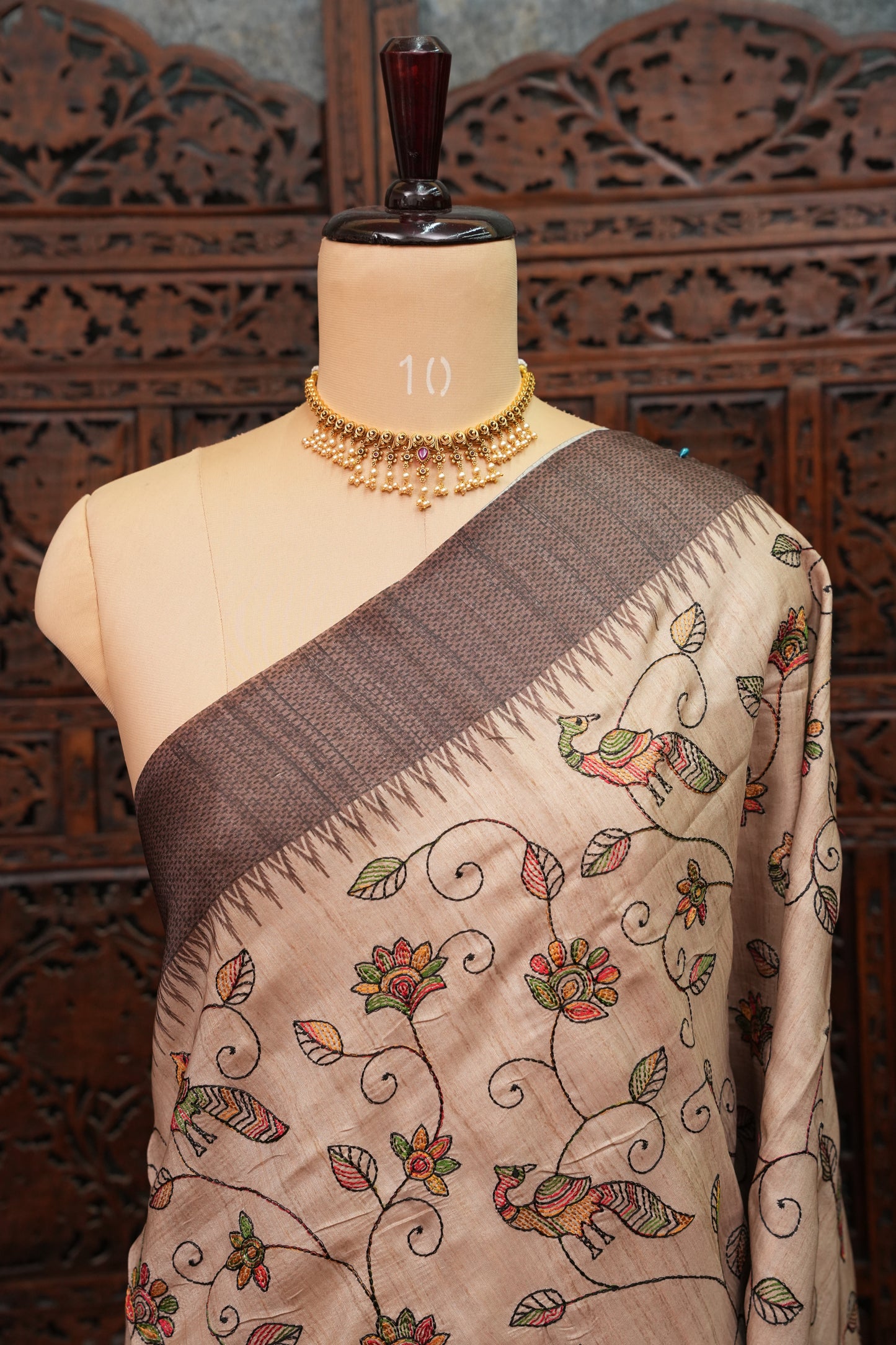 Semi Raw Silk Saree with Embroidered Body & Temple Borders – Beige & Coffee Brown