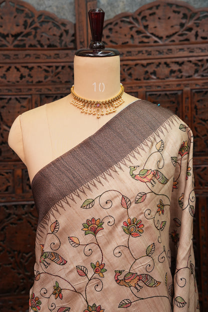 Semi Raw Silk Saree with Embroidered Body & Temple Borders – Beige & Coffee Brown