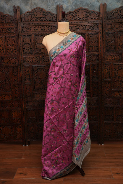 Semi Raw Silk Saree with Embroidered Body & Patola Styled Borders – Magenta Pink