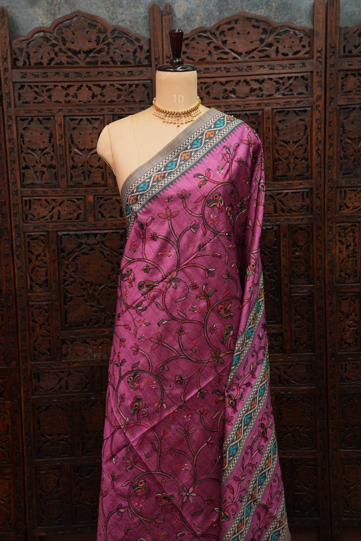 Semi Raw Silk Saree with Embroidered Body & Patola Styled Borders – Magenta Pink