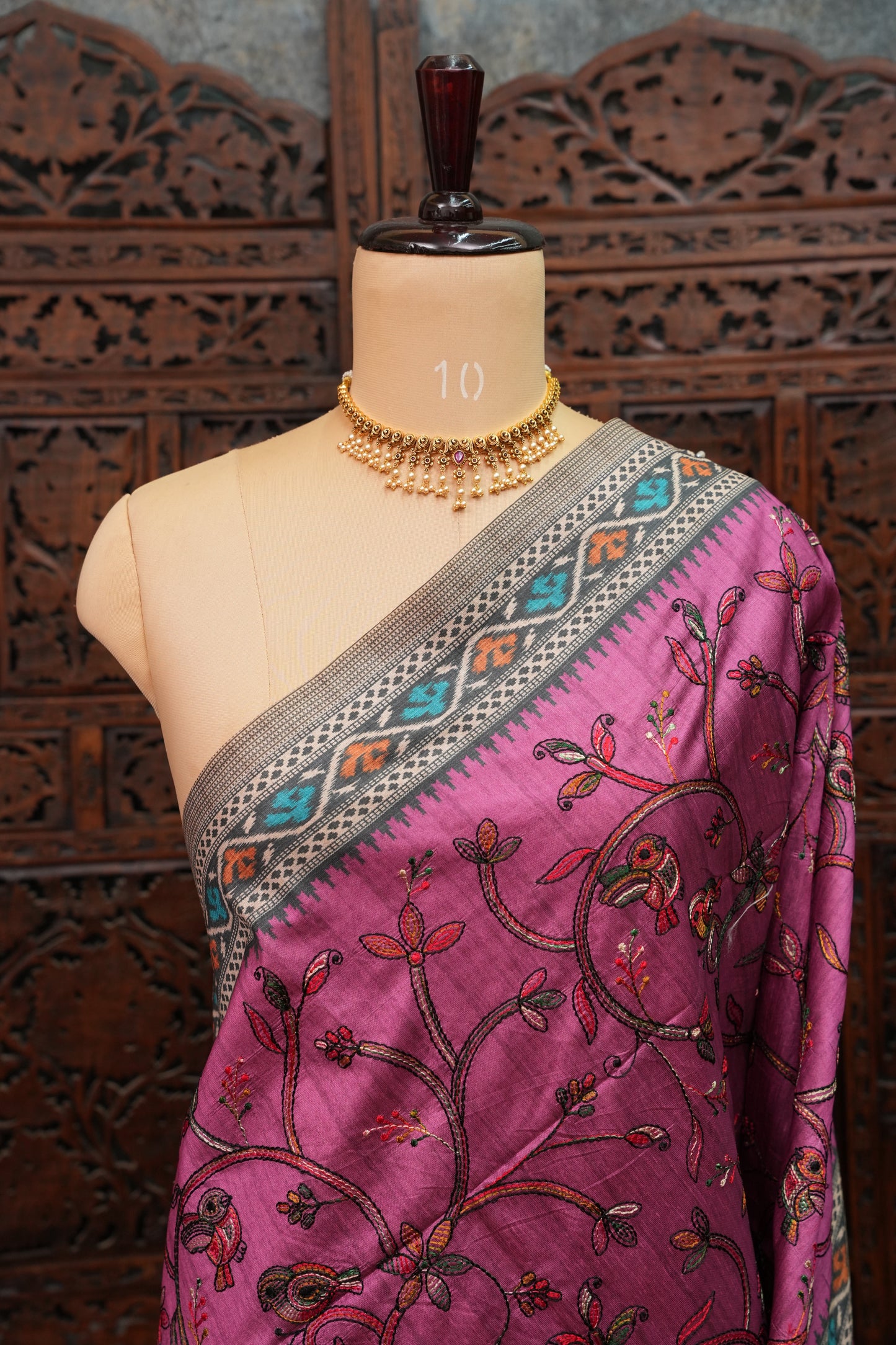 Semi Raw Silk Saree with Embroidered Body & Patola Styled Borders – Magenta Pink