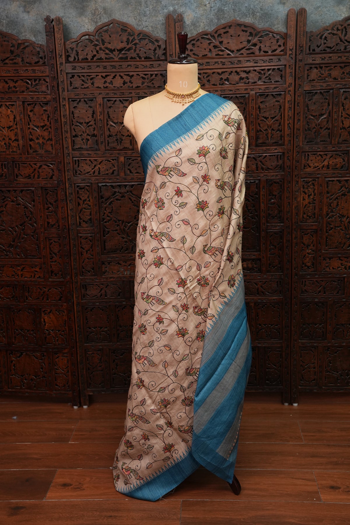 Semi Raw Silk Saree with Embroidered Body & Temple Borders – Beige & Teal Blue