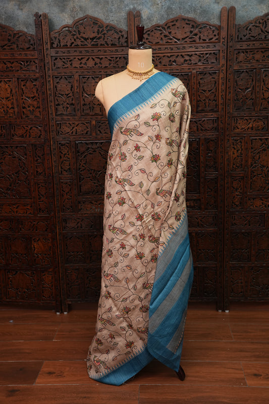 Semi Raw Silk Saree with Embroidered Body & Temple Borders – Beige & Teal Blue