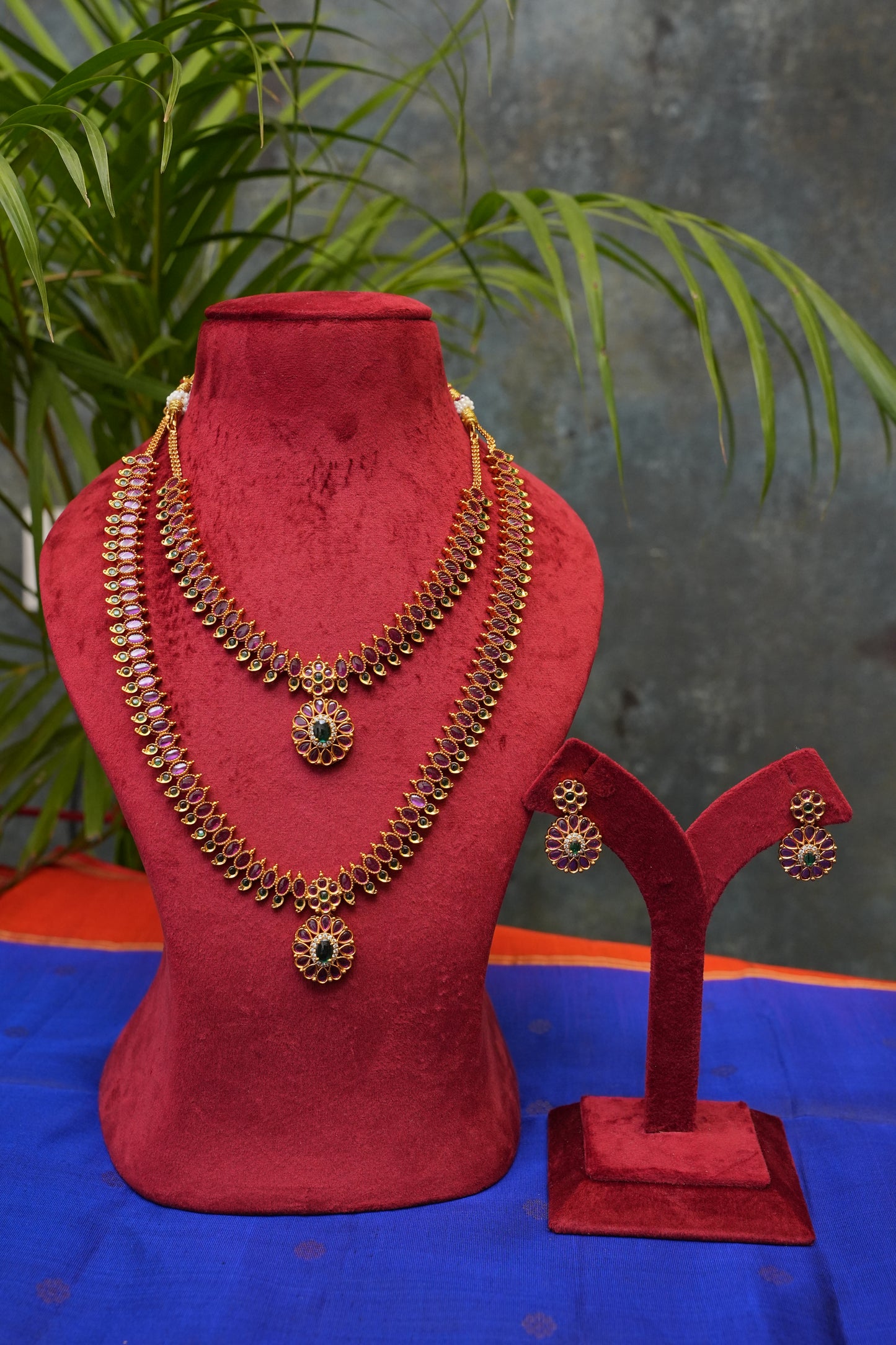 Antique Gold-Plated Two-Layered Ruby Haaram Jewellery Set