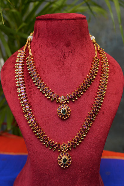 Antique Gold-Plated Two-Layered Ruby Haaram Jewellery Set