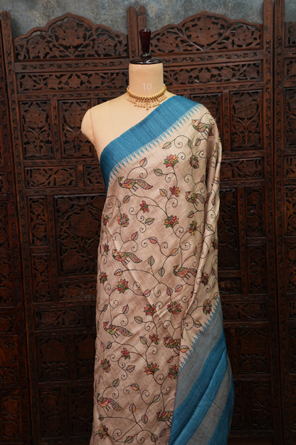 Semi Raw Silk Saree with Embroidered Body & Temple Borders – Beige & Teal Blue