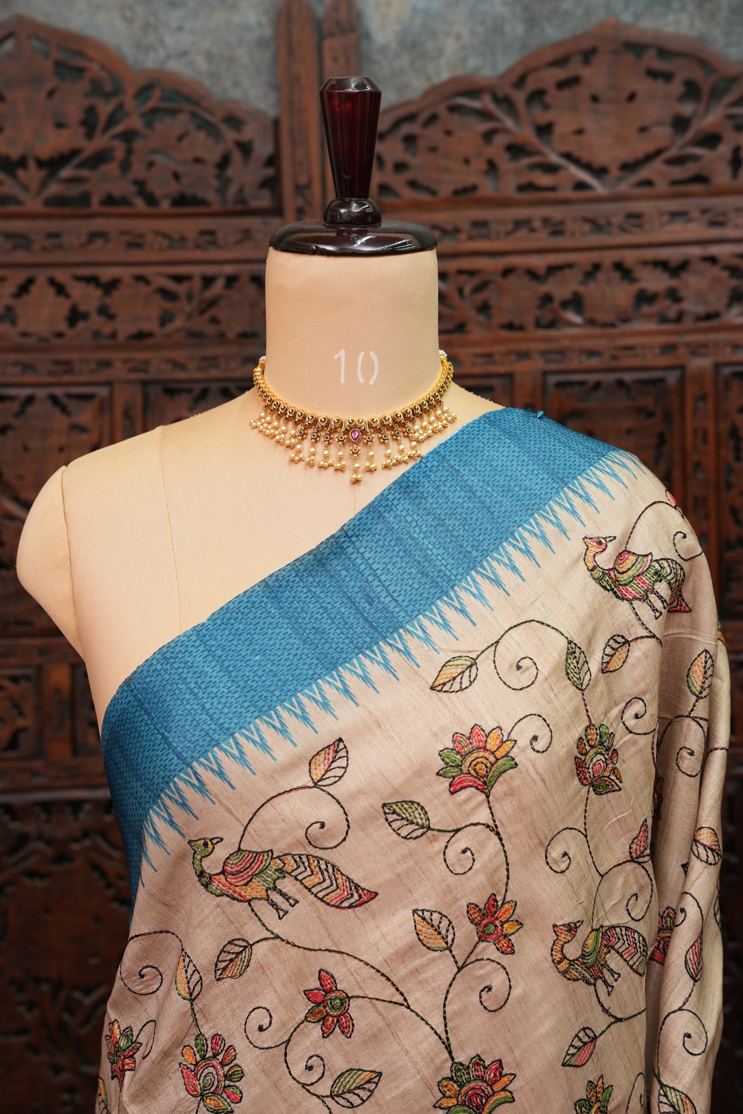 Semi Raw Silk Saree with Embroidered Body & Temple Borders – Beige & Teal Blue