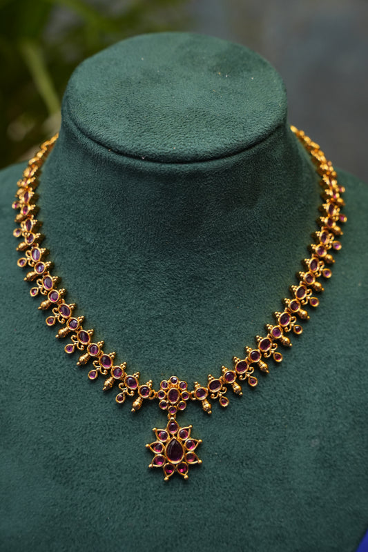 Antique Gold-Plated Ruby Studded Necklace Set