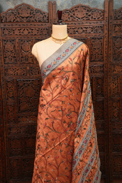 Semi Raw Silk Saree with Embroidered Body & Patola Styled Borders – Rust Orange