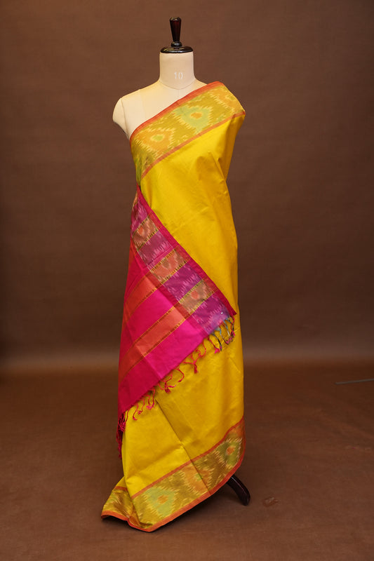 Ikkat Cotton Silk Saree - Yellow and Pink