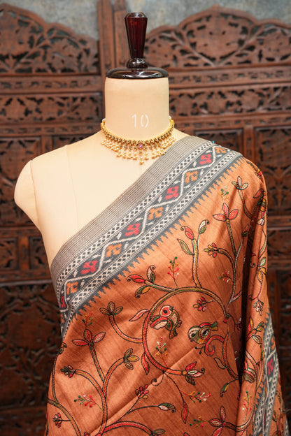 Semi Raw Silk Saree with Embroidered Body & Patola Styled Borders – Rust Orange