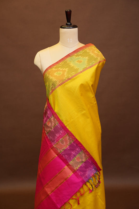 Ikkat Cotton Silk Saree - Yellow and Pink