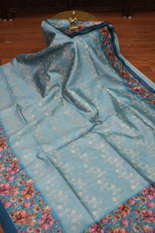 Semi Raw Silk Saree with Embroidered Body & Floral Borders – Powder Blue
