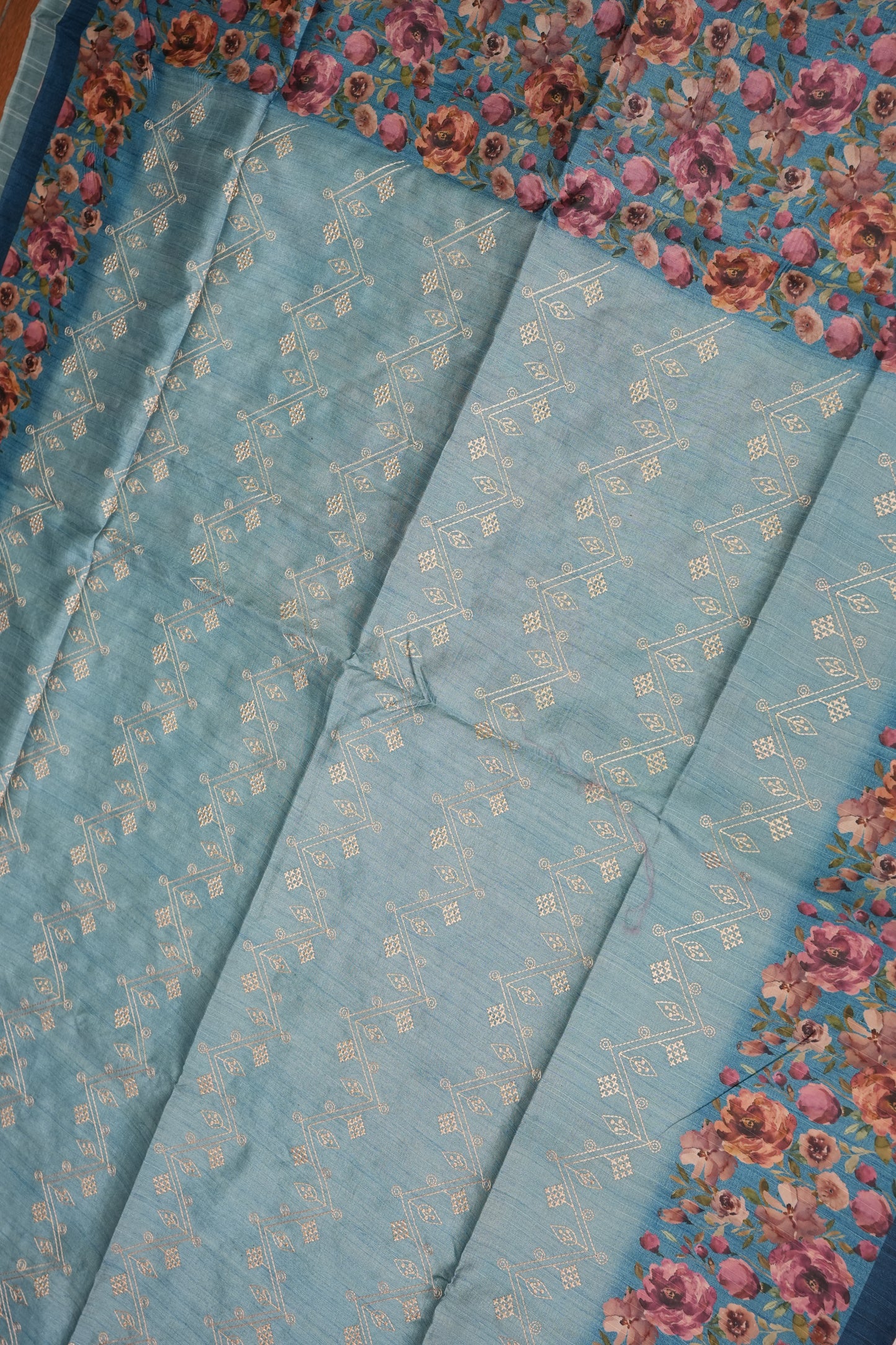Semi Raw Silk Saree with Embroidered Body & Floral Borders – Powder Blue