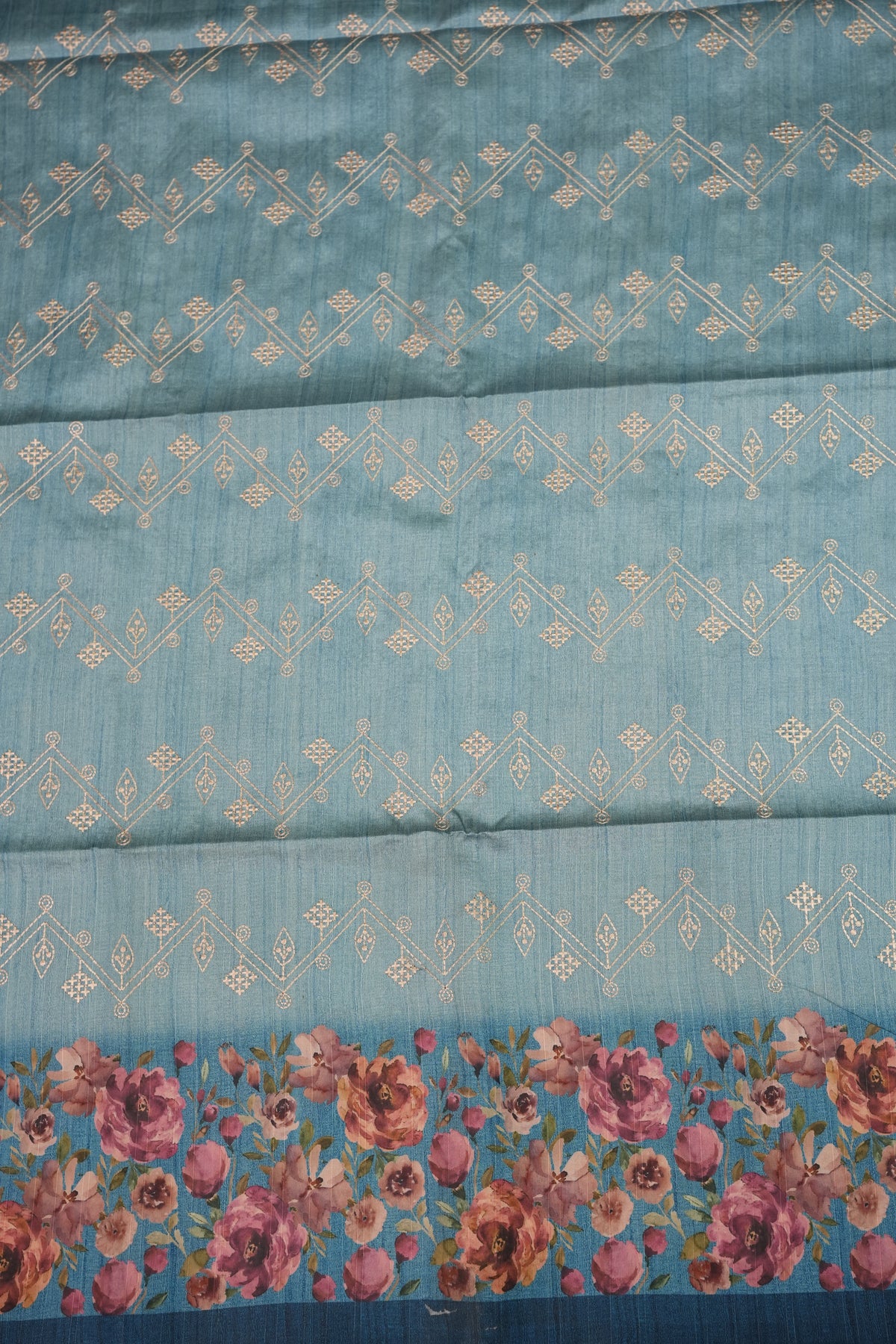 Semi Raw Silk Saree with Embroidered Body & Floral Borders – Powder Blue